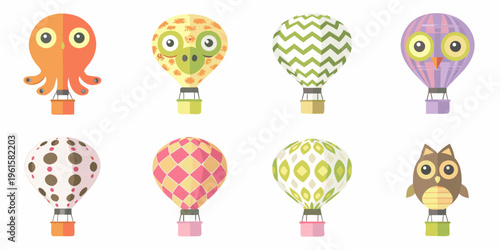 Colorful hot air balloons designed as cute animals in a row