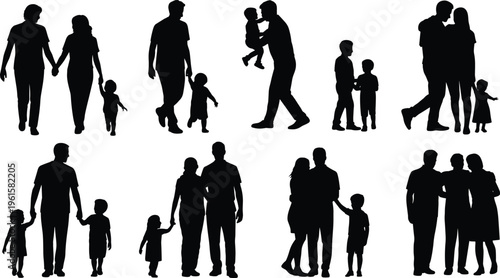 Black family silhouettes showing parents and children together in loving poses, walking, embracing, lifting child, unity and connection illustration