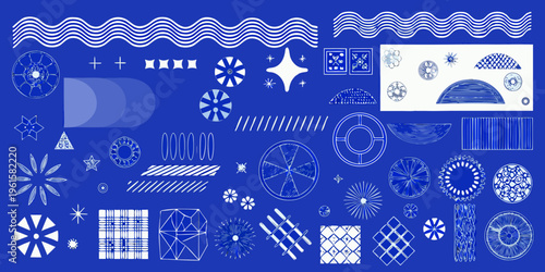 Abstract blue shapes and patterns arranged in a playful composition