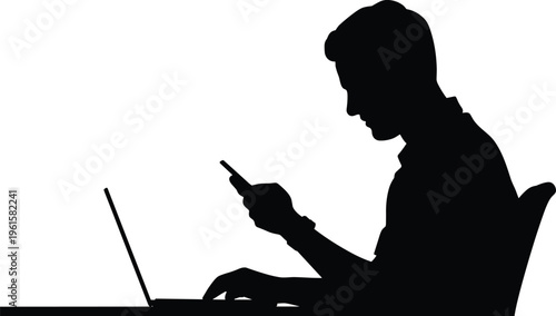 Black silhouette of person multitasking at desk using laptop and smartphone together representing digital communication, technology, work, business vector illustration