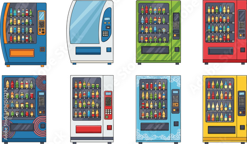 Set of colorful vending machines with drinks and snacks, cartoon illustration collection, modern automated retail concept, beverage dispensers, isolated design, commercial equipment, flat style