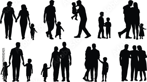 Family silhouettes vector illustration showing parents and children together walking, holding hands, bonding, parenting, unity, love, lifestyle, happinessFamily 