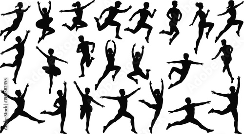 Jumping dancing running silhouettes vector illustration showing energetic human motion, lifestyle activity, fitness concept, expressive movement, sport, art, diversity, design