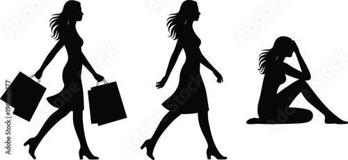 Shopping walking sitting silhouettes vector illustration showing female figure lifestyle activity, fashion concept, urban design, casual motion, relaxation, diversity, art