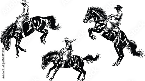 Set of cowboy riding horse silhouettes in action, western ranch scenes with rider controlling horse, vintage style illustration for rodeo, country lifestyle and equestrian design