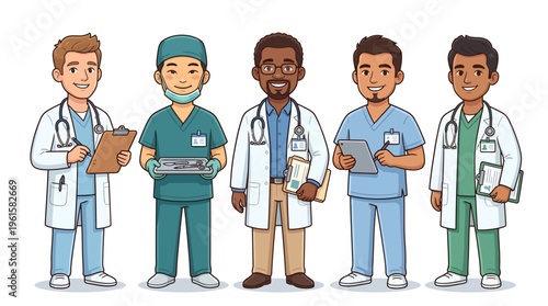 A set of friendly cartoon medical professionals including doctors and a surgeon in clean vector style. Perfect for healthcare, hospital, medical apps, and educational content.