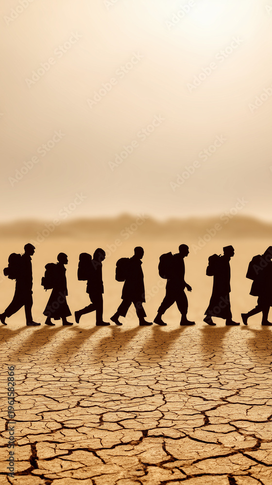 Fototapeta premium Wandering in the Desert: Silhouette of travelers navigate the vast, arid expanse of a desert landscape, their journey etched against the backdrop of the setting sun and cracked earth.