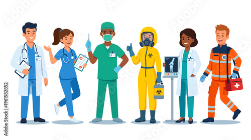 A colorful flat vector set of medical professionals with different roles and expressions, ideal for healthcare presentations and educational use.