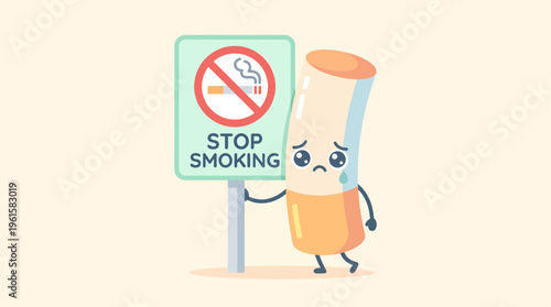 A friendly and engaging stop smoking illustration featuring a cute cigarette character and prohibition sign. Ideal for educational content, social campaigns, and healthcare materials.