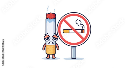 A friendly and engaging stop smoking illustration featuring a cute cigarette character and prohibition sign. Ideal for educational content, social campaigns, and healthcare materials.