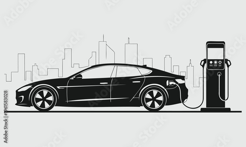 Electric Vehicle Charging Station Smart City Urban Silhouette