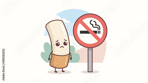 A friendly and engaging stop smoking illustration featuring a cute cigarette character and prohibition sign. Ideal for educational content, social campaigns, and healthcare materials.