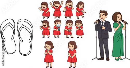 Cartoon Character and Performance Illustration Collection Featuring Girl Emotions Singers with Microphone and Flip Flop Outline in Vector Design Set