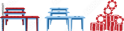 Casino Gambling Table and Poker Chips Vector Illustration Set Featuring Red and Blue Game Tables Stack Chips and Betting Concepts for Gaming Design