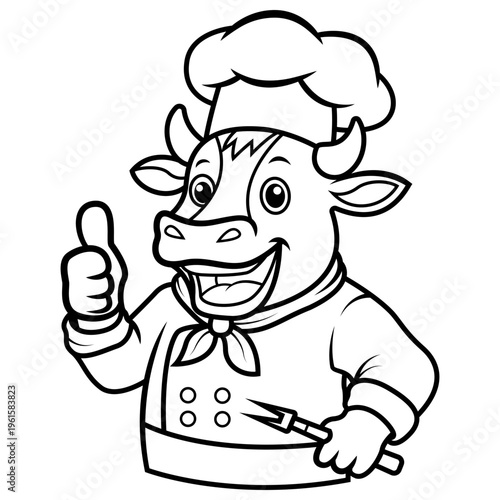 Happy Chef Cow Mascot Giving Thumbs Up  Line Art