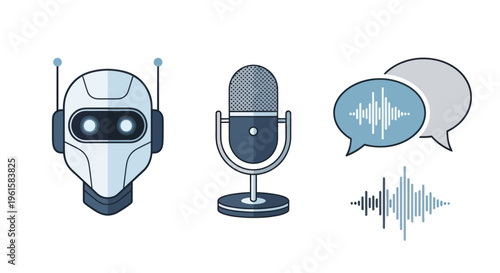 AI robot head, microphone, and speech bubbles with sound waves, vector illustration