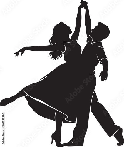 Silhouette of romantic couple dancing together in love