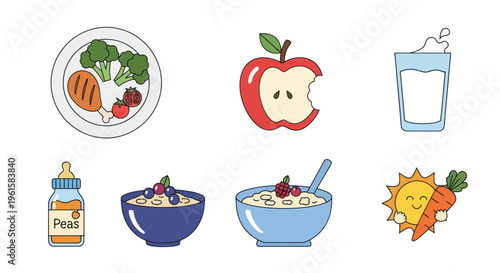 Healthy Food Icons: Meal, Apple, Milk, Baby Food, Oatmeal, Carrot Sun