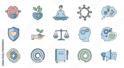 Set of Icons for Business, Health, Psychology, and Teamwork Concepts