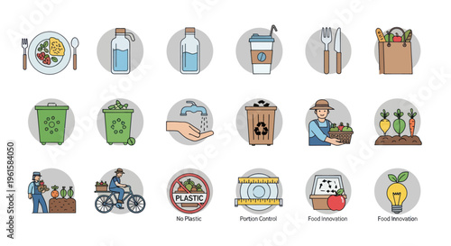 Eco-friendly lifestyle icons: food, water, recycling, farming, and sustainability symbols