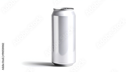 A tall, silver aluminum can casting a shadow on a white background. It's clean and simple