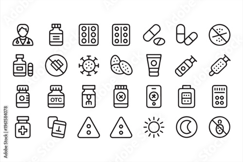 Healthcare and Pharmacy Icons for Treatment, Care and Wellness Concepts