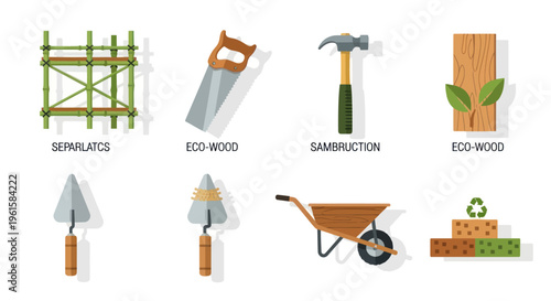 Eco Construction Tools and Materials Icons: Scaffolding, Saw, Hammer, Wood, Trowels, Wheelbarrow, Bricks