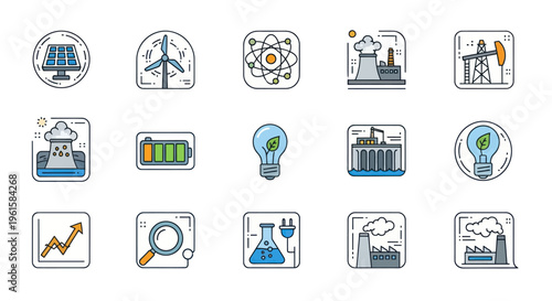 Energy Icons: Renewable, Industrial, and Scientific Concepts