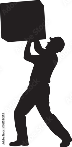 Man carrying a large box in black silhouette style