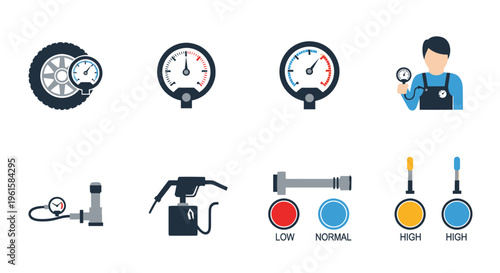 Car Tire Pressure Gauge Icons Set, Automotive Service, Vehicle Maintenance Tools