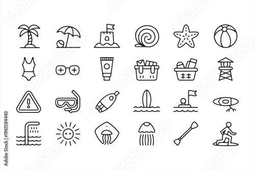 Summer Beach Icons Set with Vacation and Sea Travel Symbols