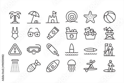 Travel and Beach Icons Set with Umbrella, Sandcastle and Ocean Elements