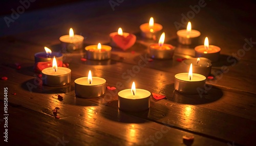 Circle of lit candles on wooden surface with rose petals.