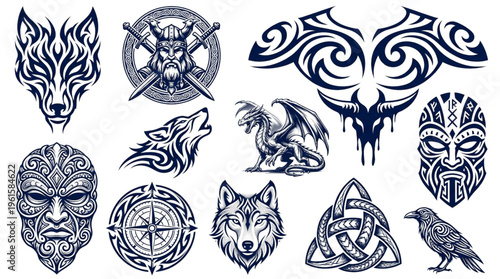 Bold Tribal Tattoo Designs Wolves Dragons Viking Warriors Maori Masks Celtic Knots Mystical Art for Apparel and Gaming