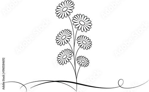 Black and white line of a daisy flower in a vase on a windowsill line daisy flower indoor setting de