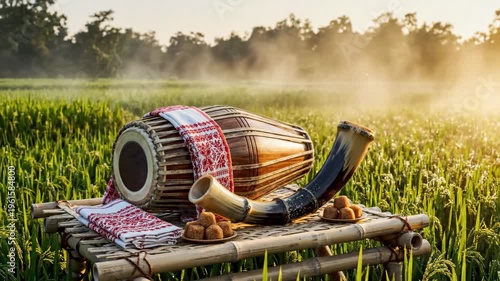 Traditional assamese rongali bihu items on bamboo, glowing in golden light against a misty paddy field.