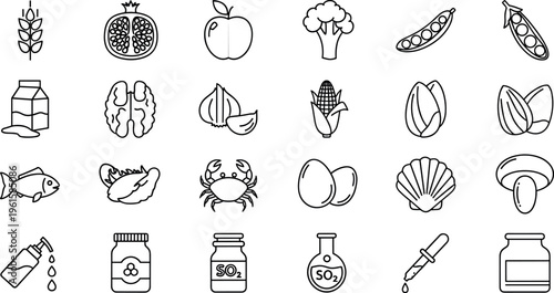 Food Allergy and Nutrition Icon Set Featuring Common Allergens like Nuts, Milk, Seafood, Eggs, Soy, Wheat, and Dietary Sensitivity Symbols