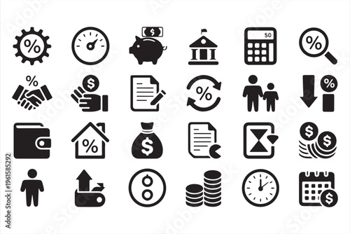 Business Finance Icons Featuring Investment, Savings and Interest Rates