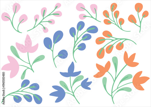 Flat Vintage Flower Set Different Color and Design Hand Drawn Tropical Leaves and Flowers for Decor Vector