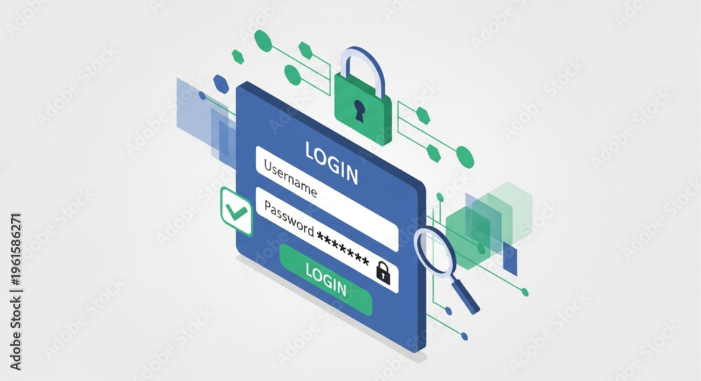Fototapeta premium Isometric Login Interface with Security Features and Data Encryption.