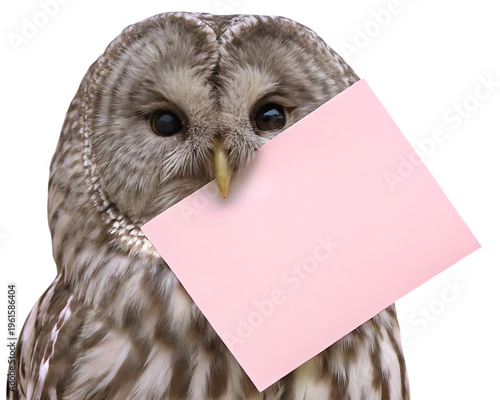 Brown owl holding pink note on white background isolated on a transparent background bird feathers