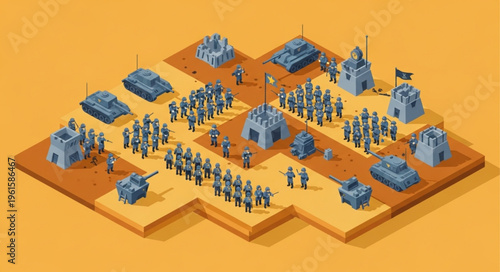 Isometric Military Base Illustration with Tanks and Soldiers.