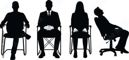 Silhouettes of diverse business professionals sitting in chairs including a formal executive, a relaxed worker, and a tired person reclining.