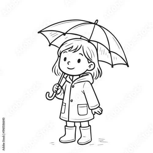 Simple cute vector of a little girl wearing a raincoat, rain boots, and holding an umbrella, designed with playful style and clean lines for a cheerful rainy day scene.