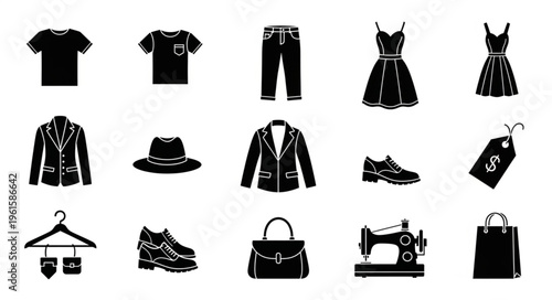 Collection of Fashion and Clothing Icons - T-shirts, Dresses, Jeans, and Accessories.