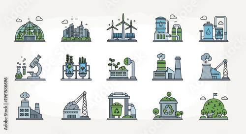 Eco Friendly Industry Icons: Green Energy, Recycling, Sustainable City, Factory, Technology