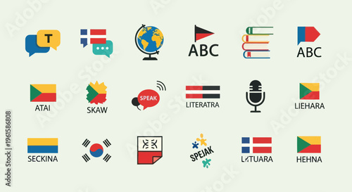 Language Learning Icons: Globe, Flags, Books, Speech Bubbles, Microphone, ABC