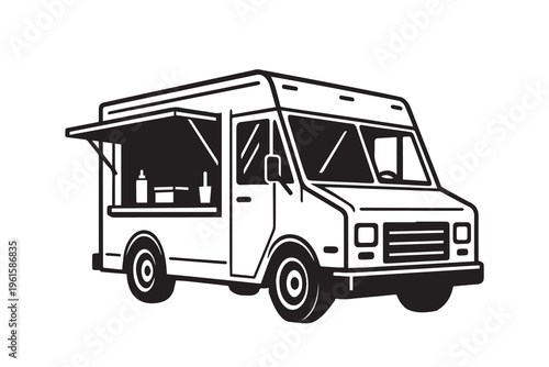Simple vector of a mobile food truck, designed with clean lines and minimal detail, representing street food business, mobility, and modern culinary service concepts.