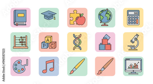 Education Icons Set: Learning, Science, Art, Music, Math, Puzzle, Globe, DNA