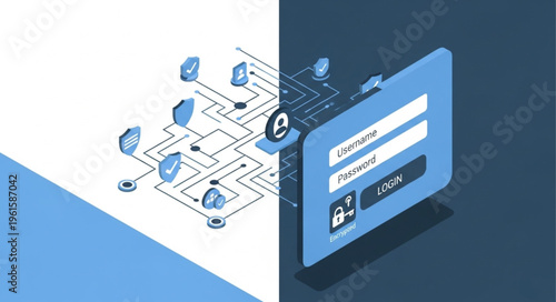 Isometric Illustration of Cybersecurity Login Interface and Network Protection.